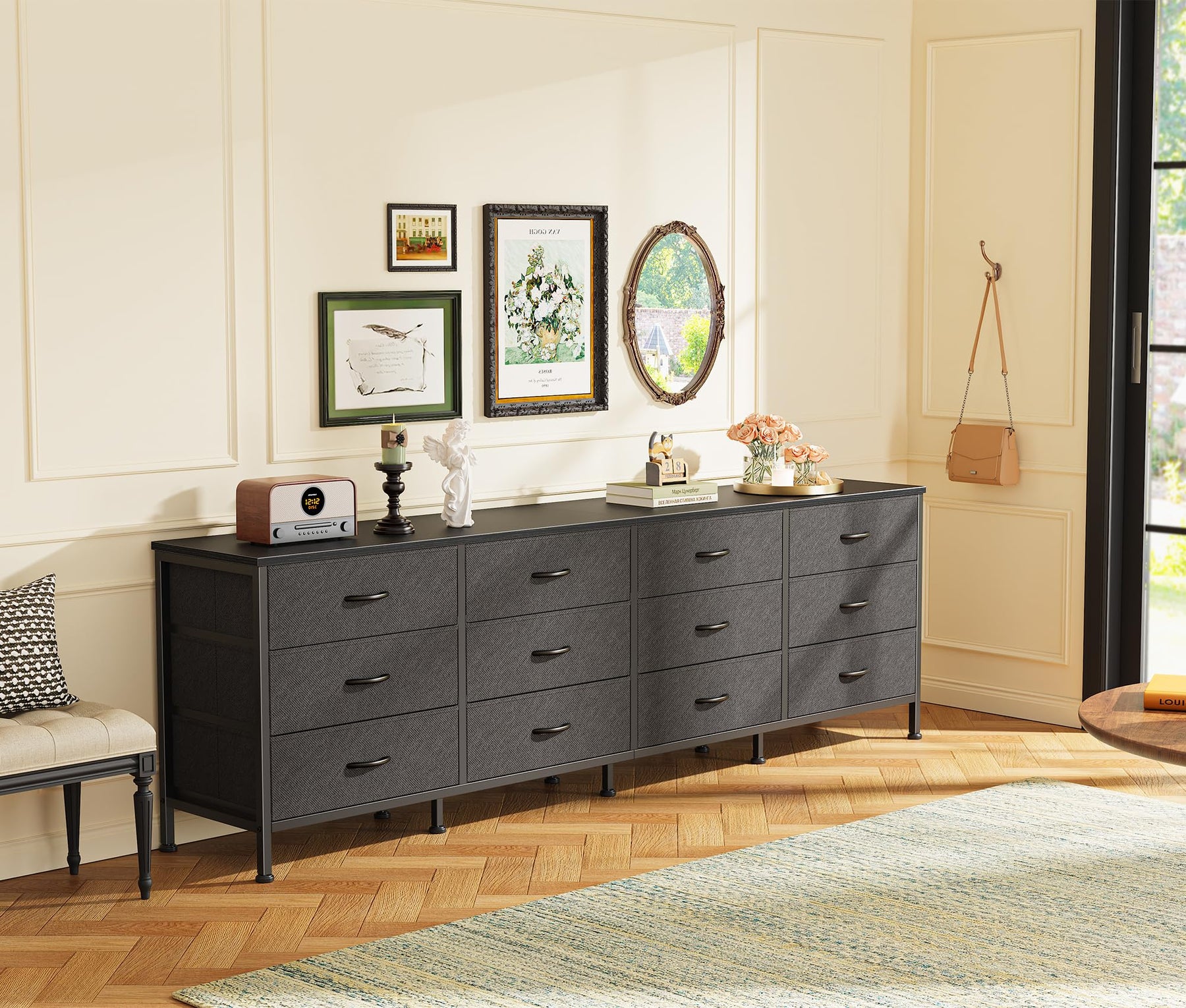 Huuger 70 Inch Dresser for Bedroom, TV Stand for 65, 75, 80 Inch TV, 12 Fabric Drawer Long Dresser, Large Entertainment Center for Bedroom, Wide Chest of Drawer with Storage, Rustic Brown