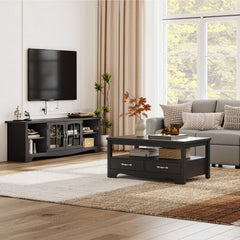 LINSY HOME Farmhouse TV Stand for 65 Inch TV, Wood Entertainment Center with Glass Door Storage Cabinet & Adjustable Shelves, Large Sturdy TV Console Table for Living Room Bedroom
