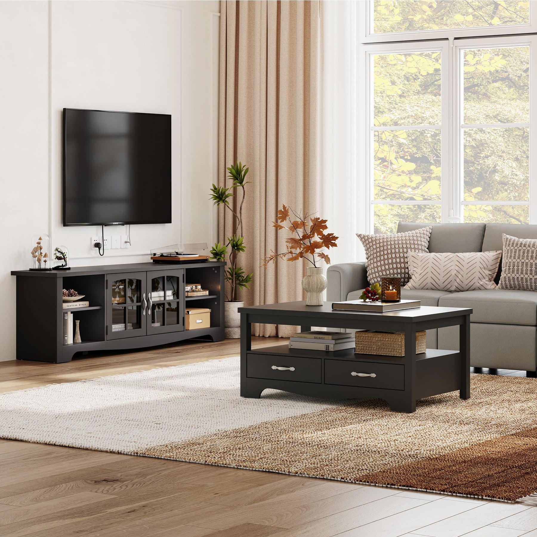 LINSY HOME Farmhouse TV Stand for 65 Inch TV, Wood Entertainment Center with Glass Door Storage Cabinet & Adjustable Shelves, Large Sturdy TV Console Table for Living Room Bedroom