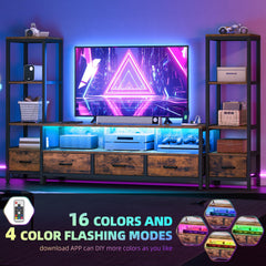 DWVO Industrial LED TV Stand for 65 Inch TVs, Entertainment Center with 2 4-Tier Bookshelves & Power Outlets, Media Console Table with 5 Drawers & Open Storage for Living Room, Grey