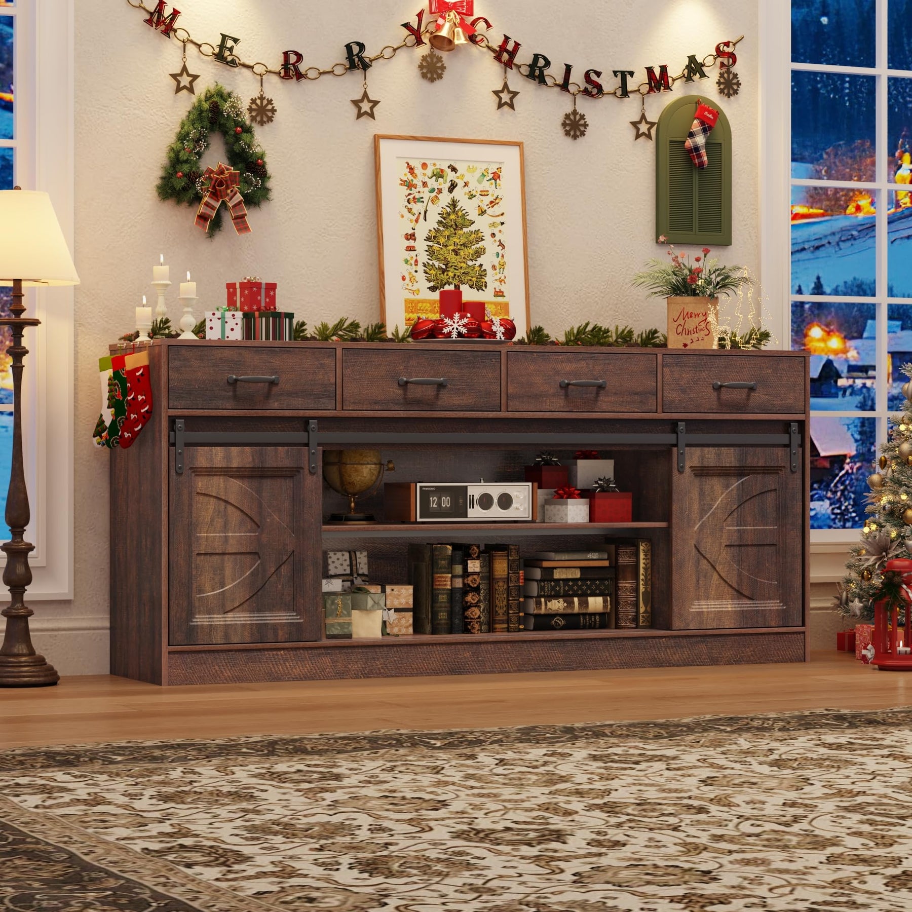 70" Large Farmhouse Tall TV Stand for 85/80/75/70 Inch TVs,4 Drawers,Brown