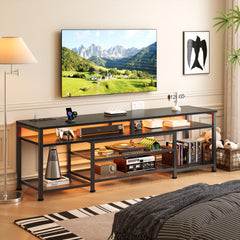Furologee TV Stand with Power Outlets and LED Lights, 63 Inch Entertainment Center for 60 65 70 Inch TVs, Media Console Table with Open Shelves, for Bedroom, Living Room, Black