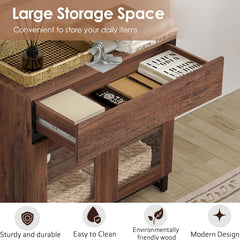 WAMPAT Modern TV Stand with Glass Doors for 80-120 inch TVs, 4 in 1 Entertainment Center Console with 4 Drawers and Metal Base for Living Room, Bedroom, Brown
