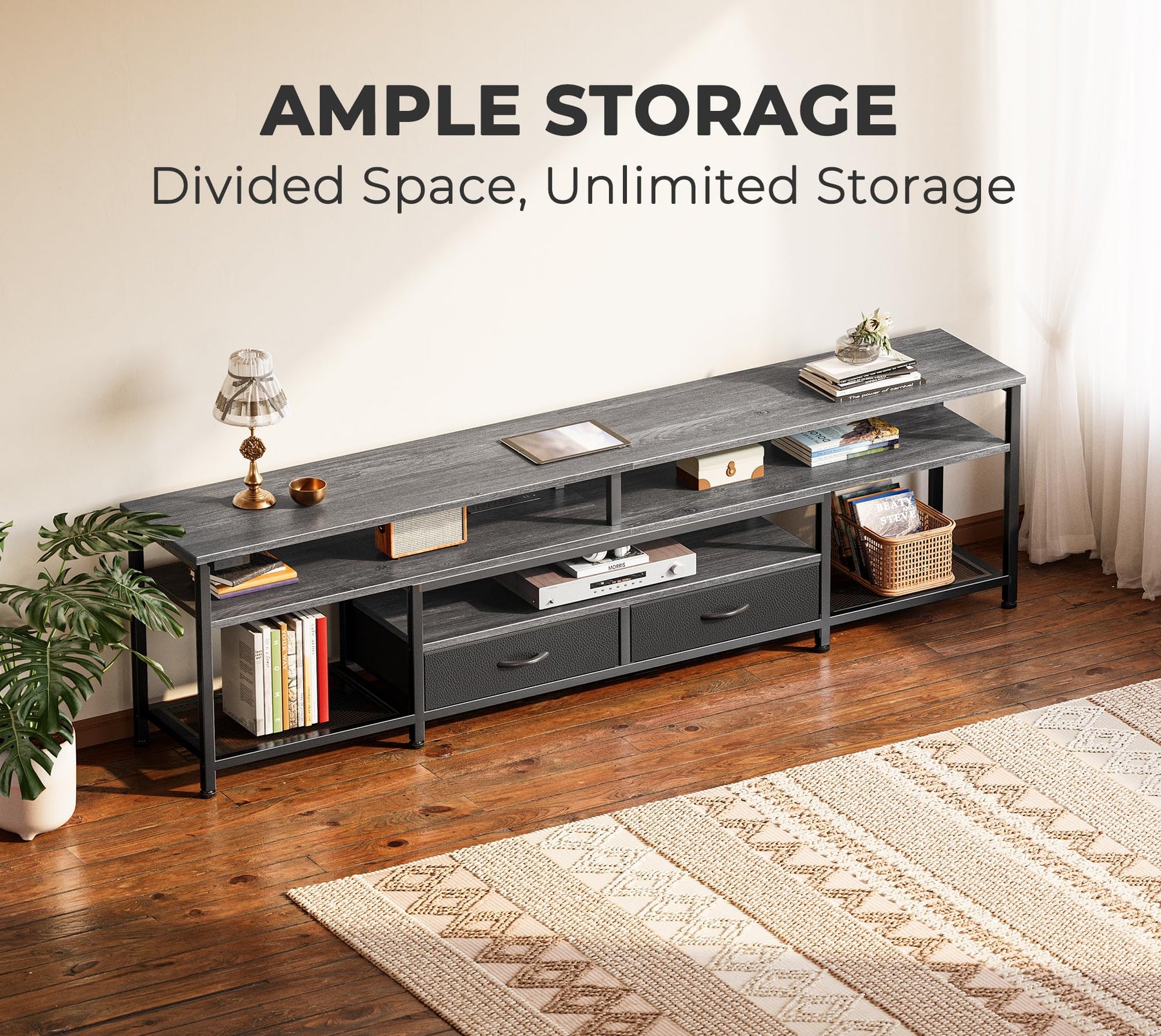 Huuger 63 Inch LED TV Stand for 65 70 Inch TV, Entertainment Center with Open Shelves and Power Outlets, TV Console for Living Room, Media Console with Drawers, Black