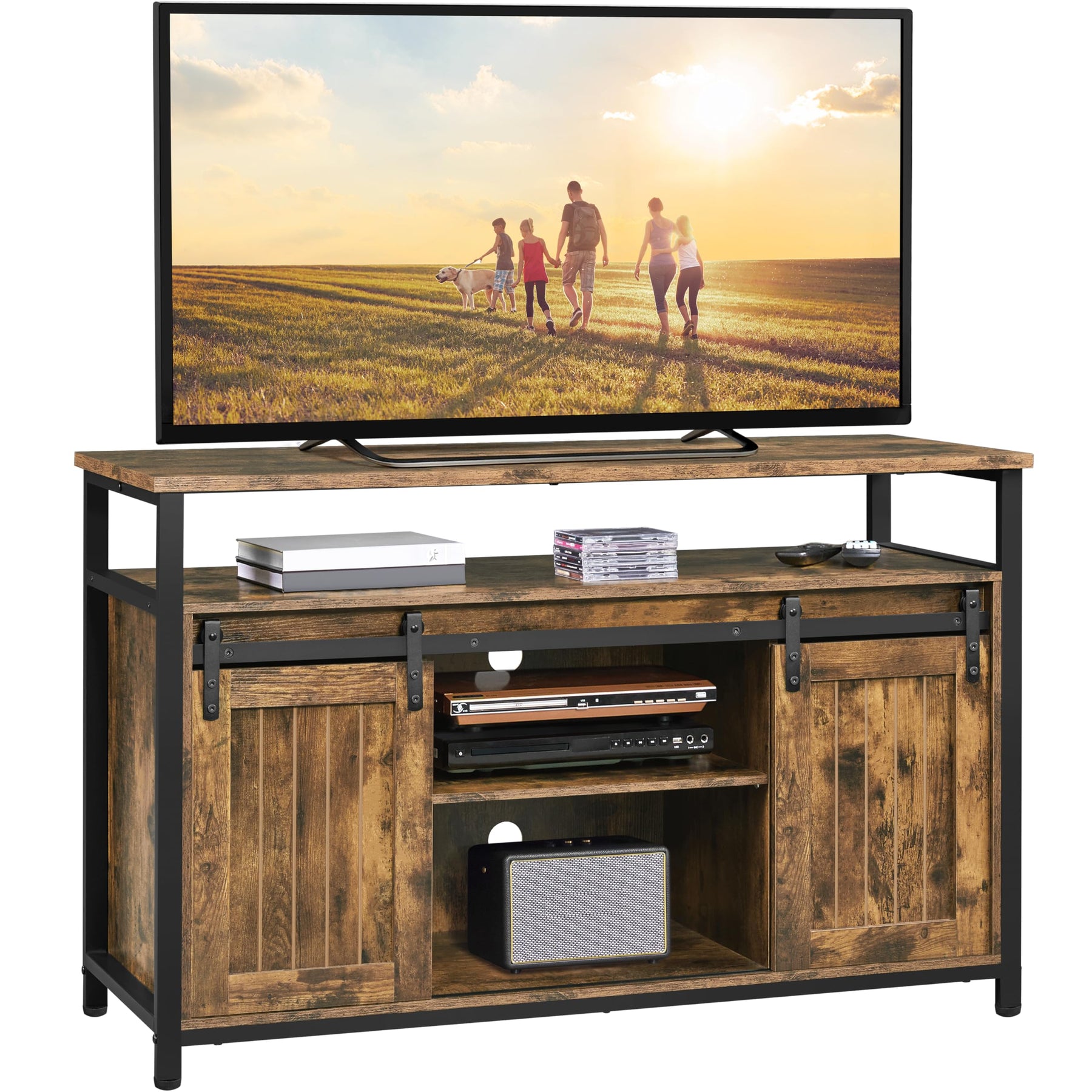 Yaheetech Farmhouse TV Stand for 55 Inch, Sliding Barn Door, Rustic Brown