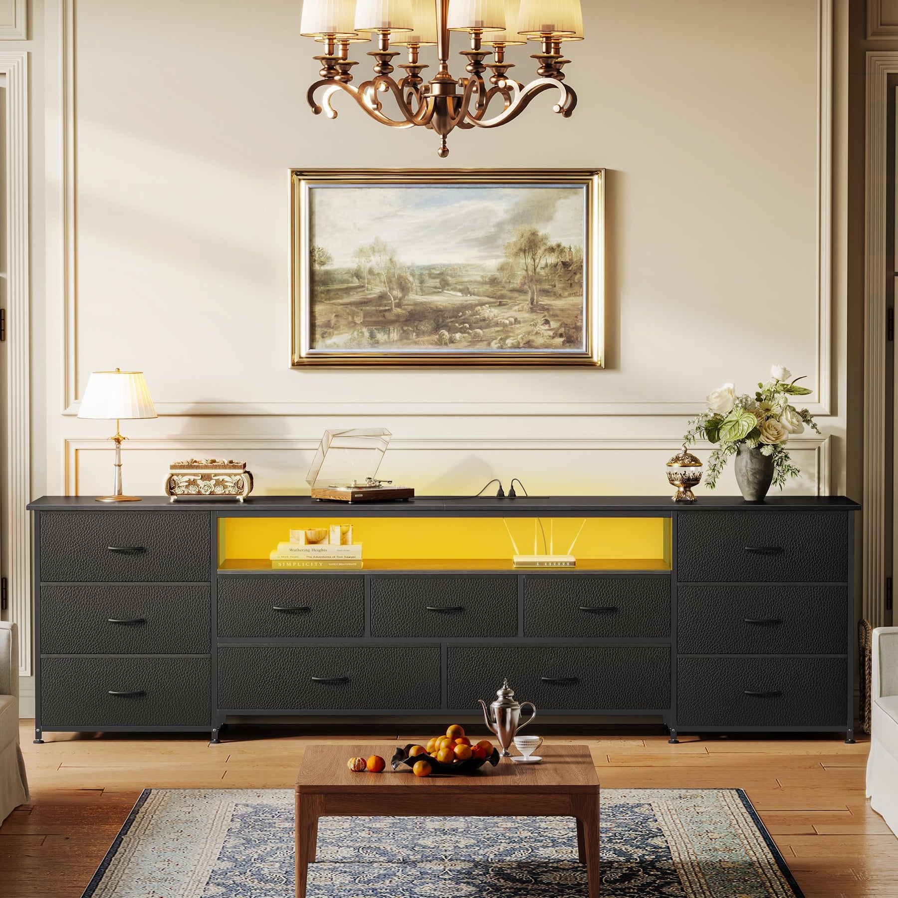Huuger 63 Inch TV Stand for 65, 70 Inch TV, 11 Drawer Long Dresser with Power Outlets and LED Lights, Entertainment Center with Storage, Black Dresser with PU Leather Surface