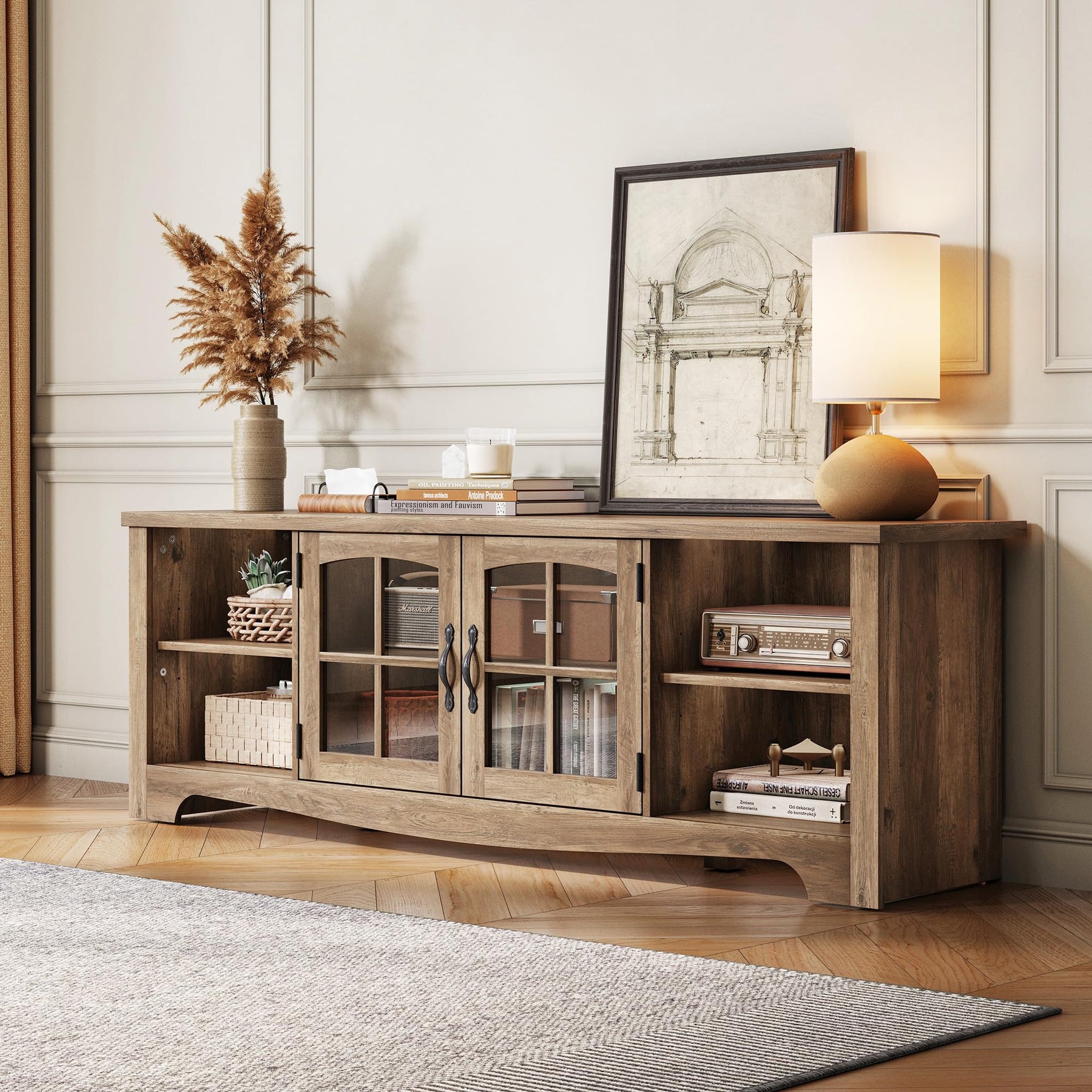 LINSY HOME Farmhouse TV Stand for 65 Inch TV, Wood Entertainment Center with Glass Door Storage Cabinet & Adjustable Shelves, Large Sturdy TV Console Table for Living Room Bedroom
