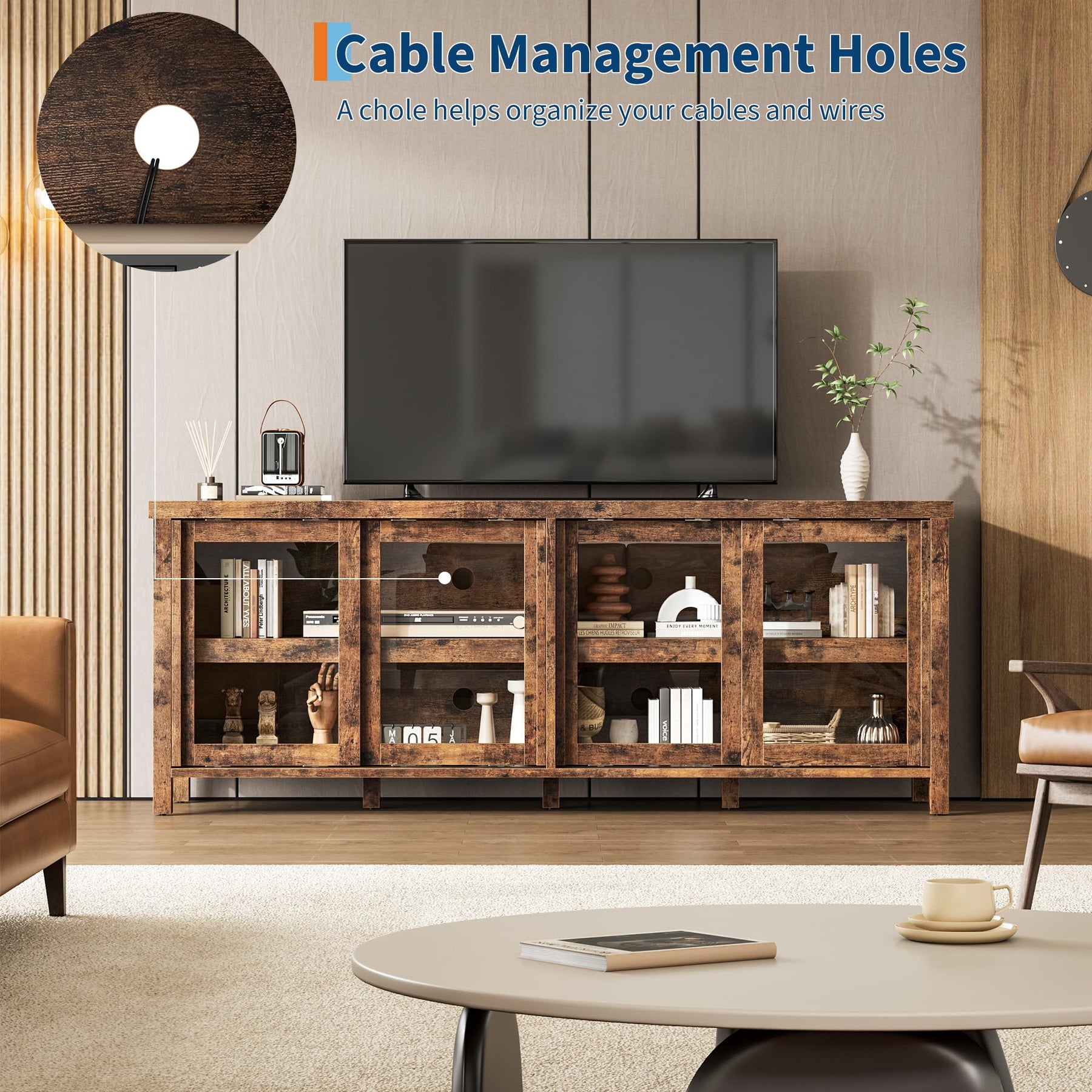 GAOMON TV Stand for 65" with Entertainment Center, Storage Cabinet, 4 Sliding Glass Doors, Mid Century Modern Media TV Console Table for Living Room Bedroom (Retro Brown)