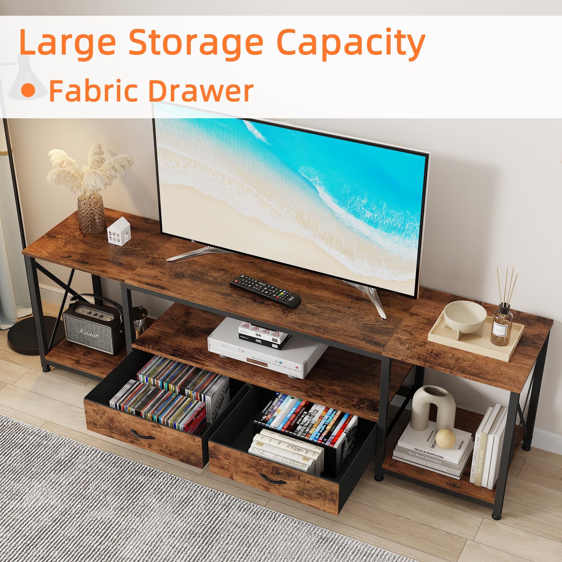 GYIIYUO TV Stand with Fabric Drawer - Entertainment Center and Industrial TV Console Table with Open Storage Shelves for Living Room, Bedroom - 55.1" Rustic Brown