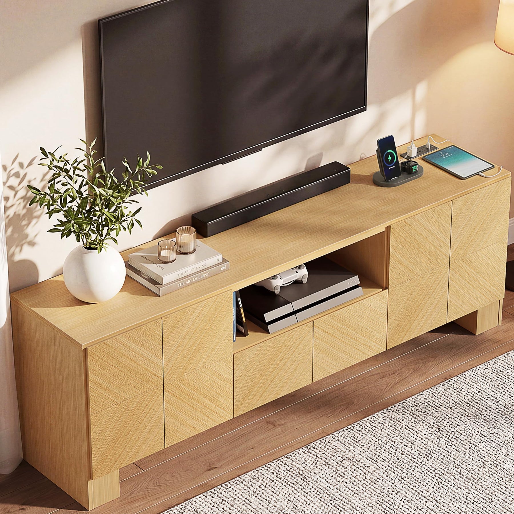 ModernMate 70" Modern TV Stand for TVs Up to 80 Inch, Wood Entertainment Center with Outlet and Storage Cabinet, Chevron Pattern TV Console with Adjustable Shelve for Living Room, Bedroom, Natural Oak