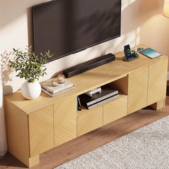 ModernMate 70" Modern TV Stand for TVs Up to 80 Inch, Wood Entertainment Center with Outlet and Storage Cabinet, Chevron Pattern TV Console with Adjustable Shelve for Living Room, Bedroom, Natural Oak
