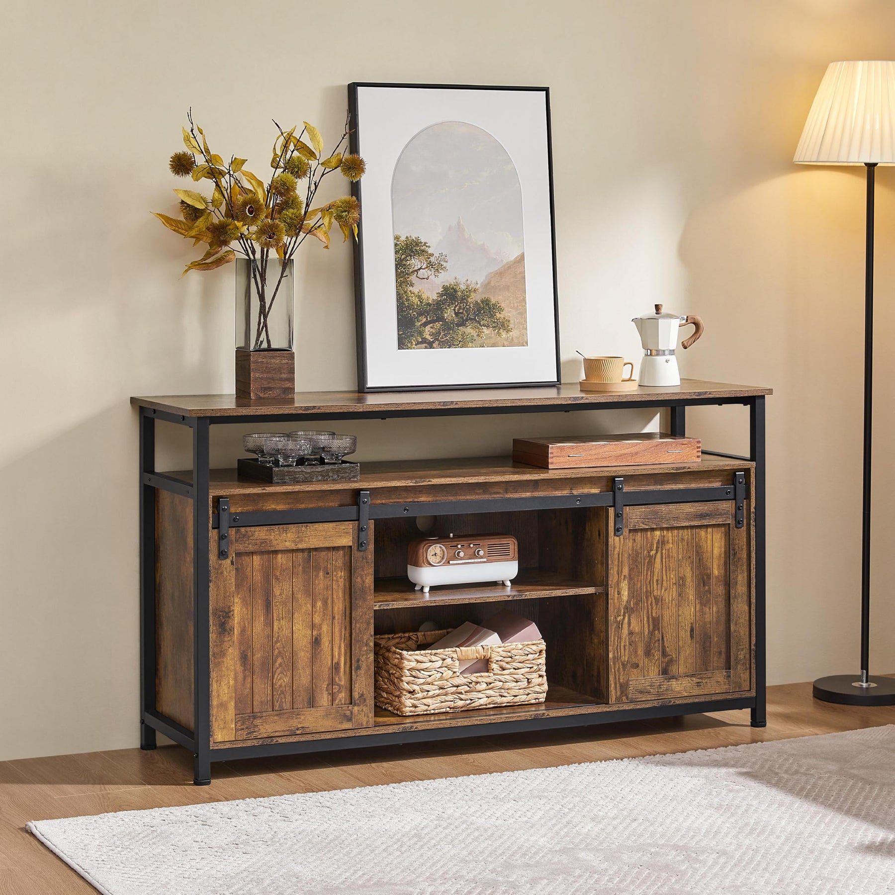 Yaheetech Farmhouse TV Stand for 55 Inch, Sliding Barn Door, Rustic Brown
