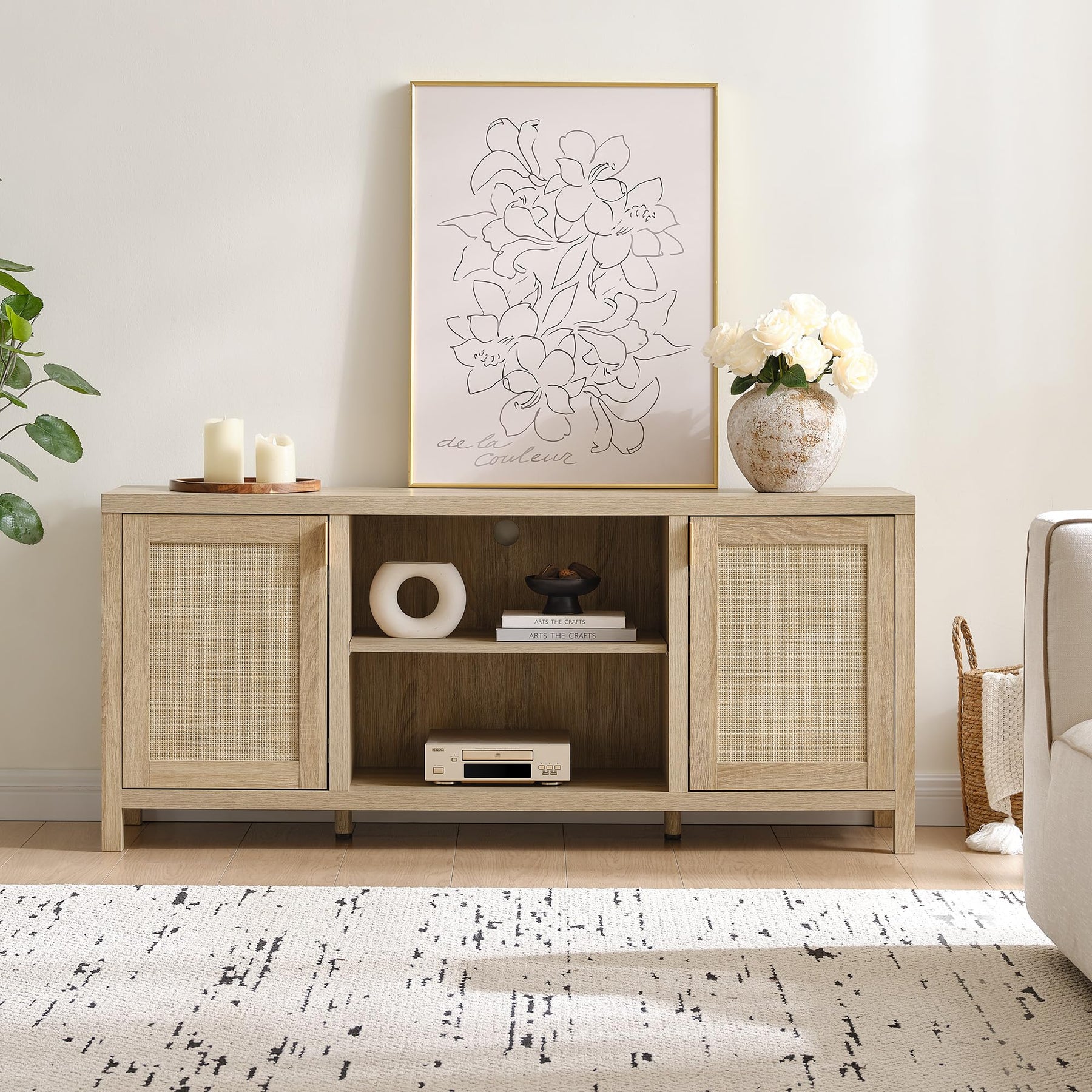 SICOTAS TV Stands for Living Room 59" Rattan TV Console with Storage