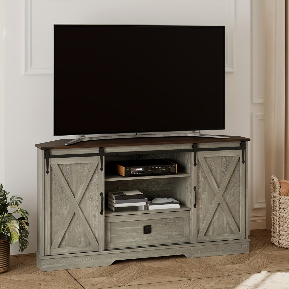 TV Stand for 65 Inch TV, 58" Hexagon Entertainment Center with Sliding Barn Doors And Adjustable Shelves, Farmhouse Media Console with Drawer & Cable Management for Living Room, White
