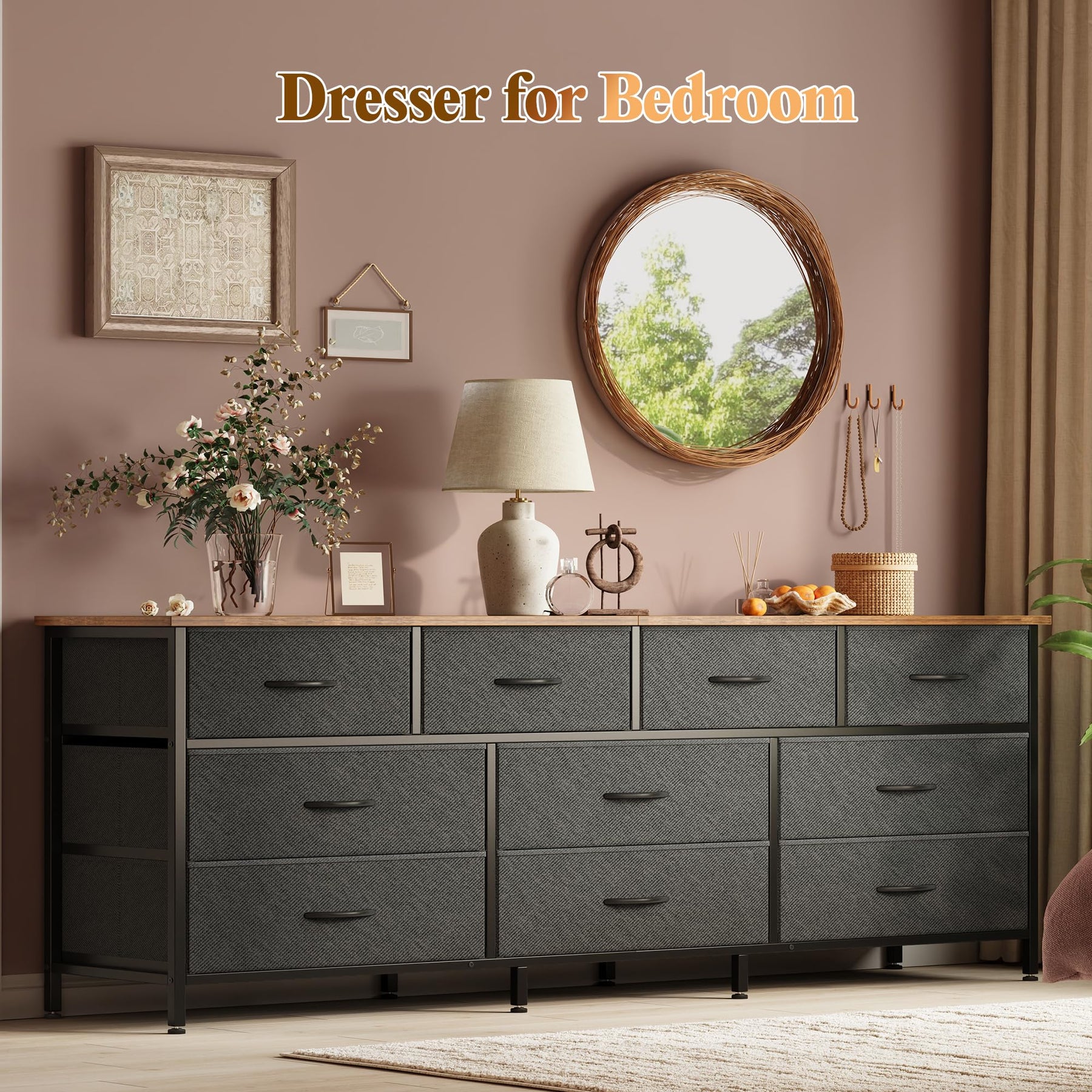 Huuger 63 Inch Dresser for Bedroom, Long Dresser with 10 Fabric Drawers, TV Stand for 55, 65, 70 Inch TV, Toy Storage Organizer for Closet, Rustic Brown