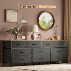 Huuger 63 Inch Dresser for Bedroom, Long Dresser with 10 Fabric Drawers, TV Stand for 55, 65, 70 Inch TV, Toy Storage Organizer for Closet, Rustic Brown