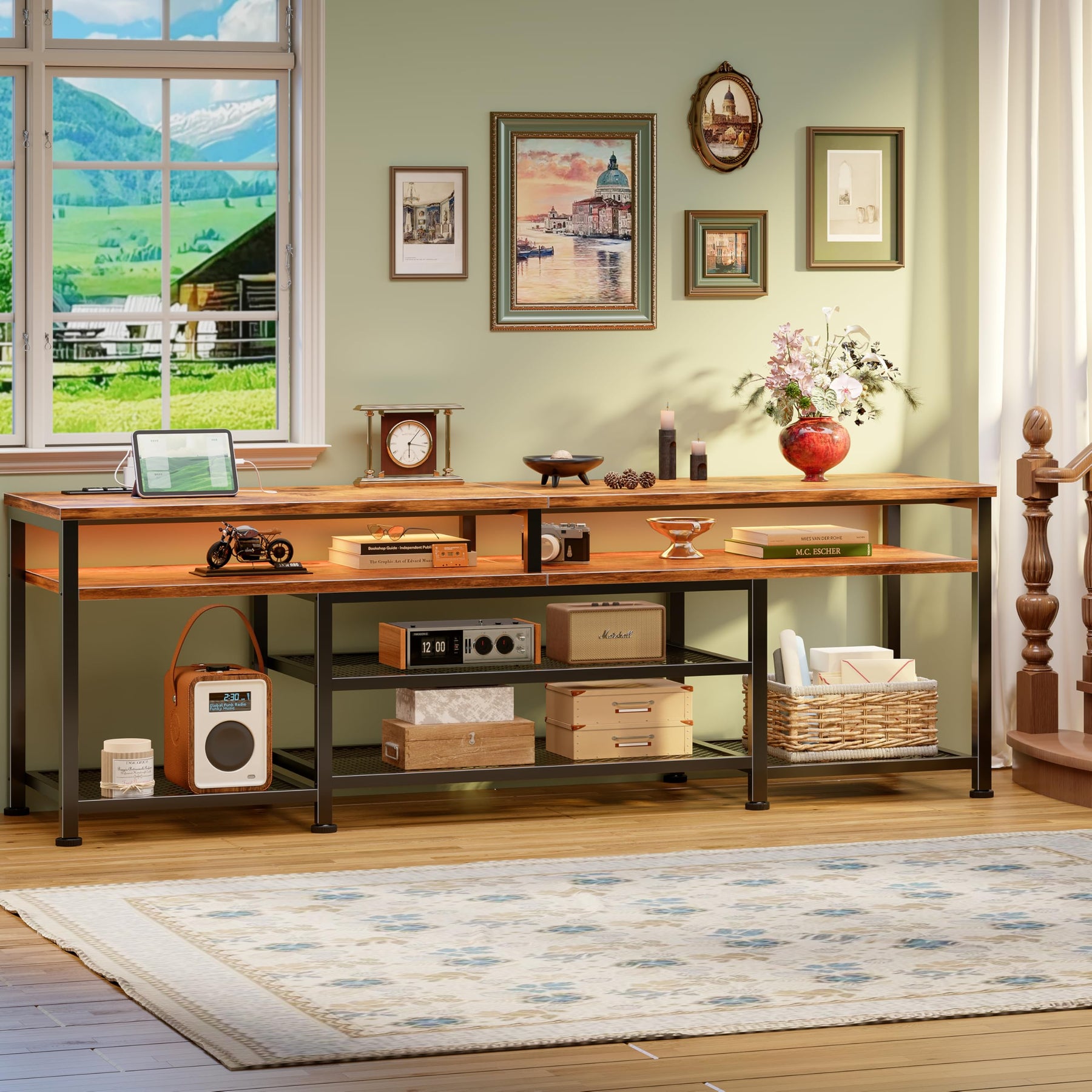 Furologee TV Stand with Power Outlets and LED Lights, 63 Inch Entertainment Center for 60 65 70 Inch TVs, Media Console Table with Open Shelves, for Bedroom, Living Room, Black