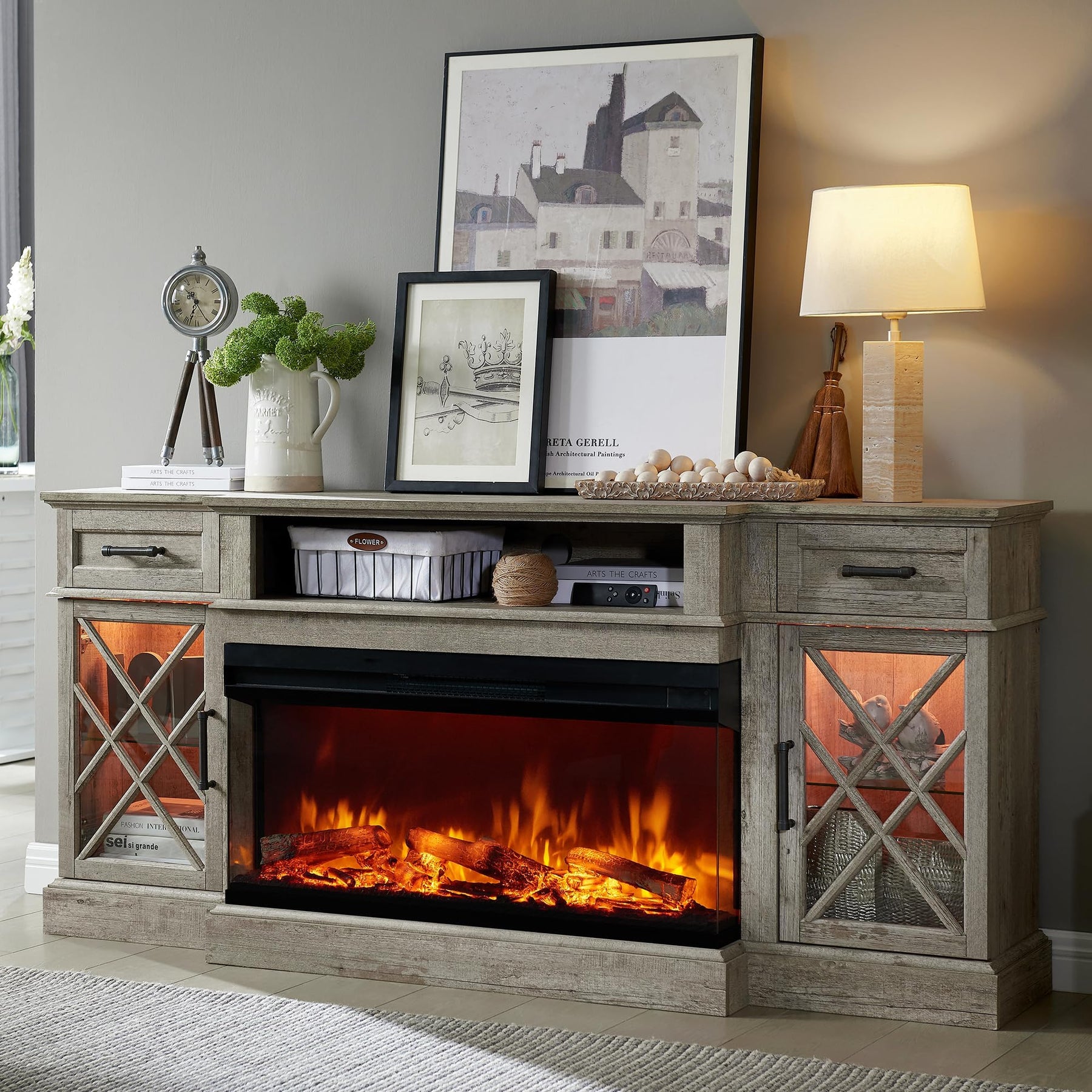 OKD 3-Sided Glass Farmhouse Electric Fireplace TV Stand for TVs up to 80'', Highboy Entertainment Center with Glass Door Storage Cabinet, 70'' Large TV Stands with 36'' Fireplace, Antique White