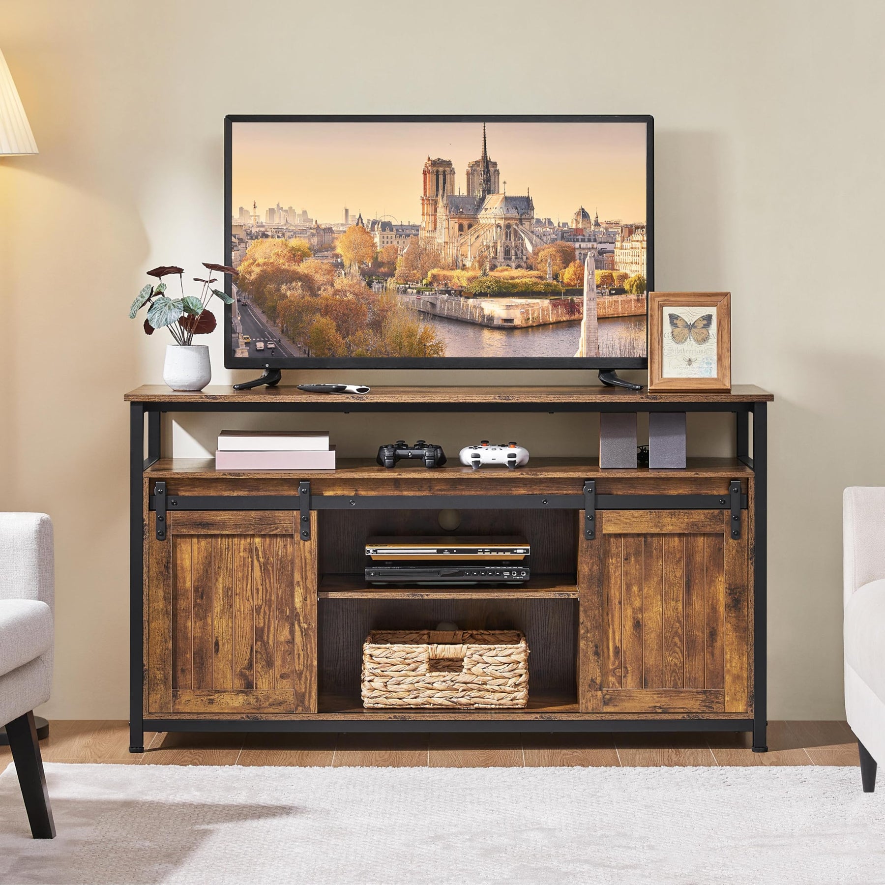 Yaheetech Farmhouse TV Stand for 55 Inch, Sliding Barn Door, Rustic Brown
