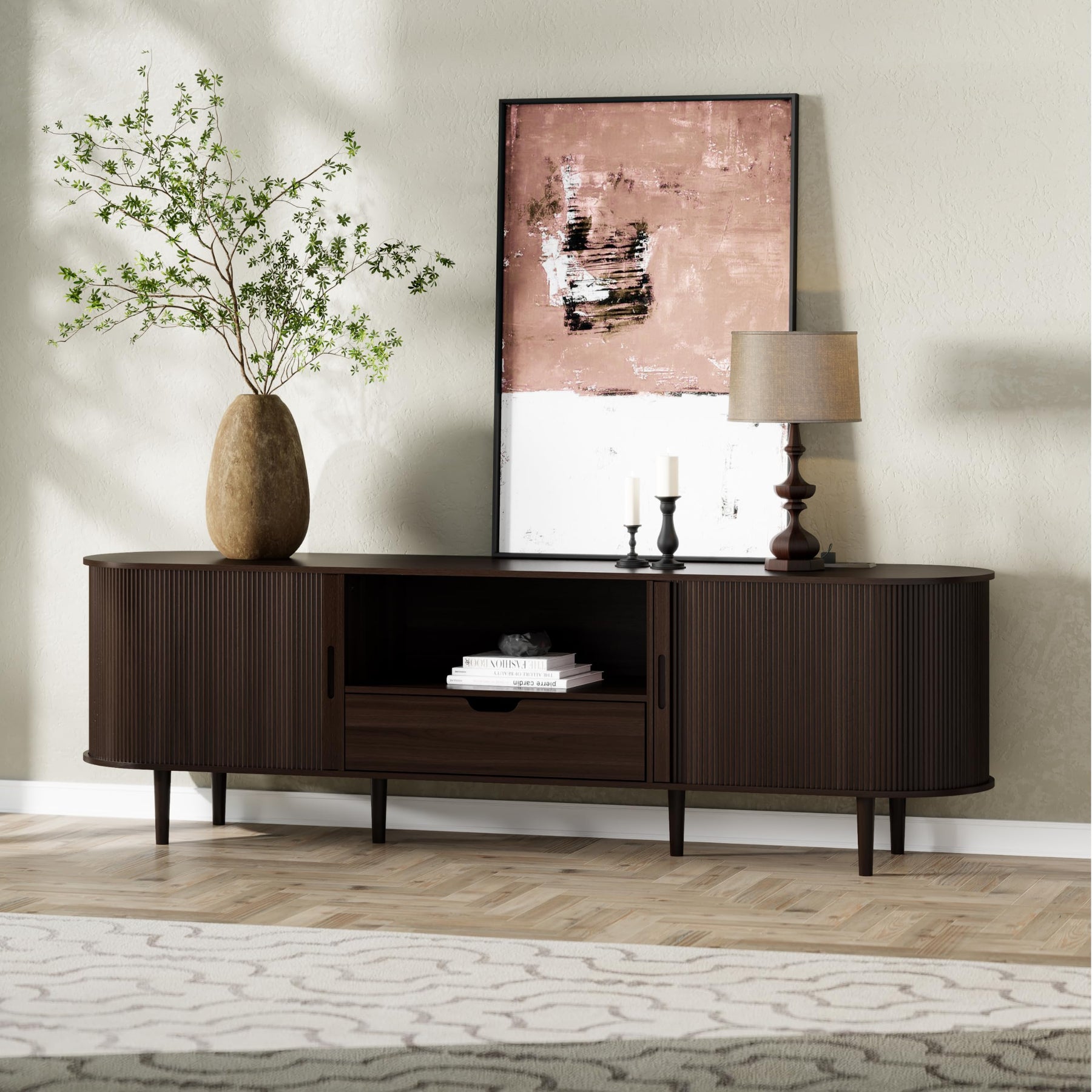 DHH 86.6" Fluted TV Stand with Power Outlet for TVs up to 90", TV Console with Adjustable Shelves and Sliding Door,Mid Century Modern Entertainment Center for Living Room,Bedroom (Walnut)