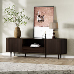 DHH 86.6" Fluted TV Stand with Power Outlet for TVs up to 90", TV Console with Adjustable Shelves and Sliding Door,Mid Century Modern Entertainment Center for Living Room,Bedroom (Walnut)