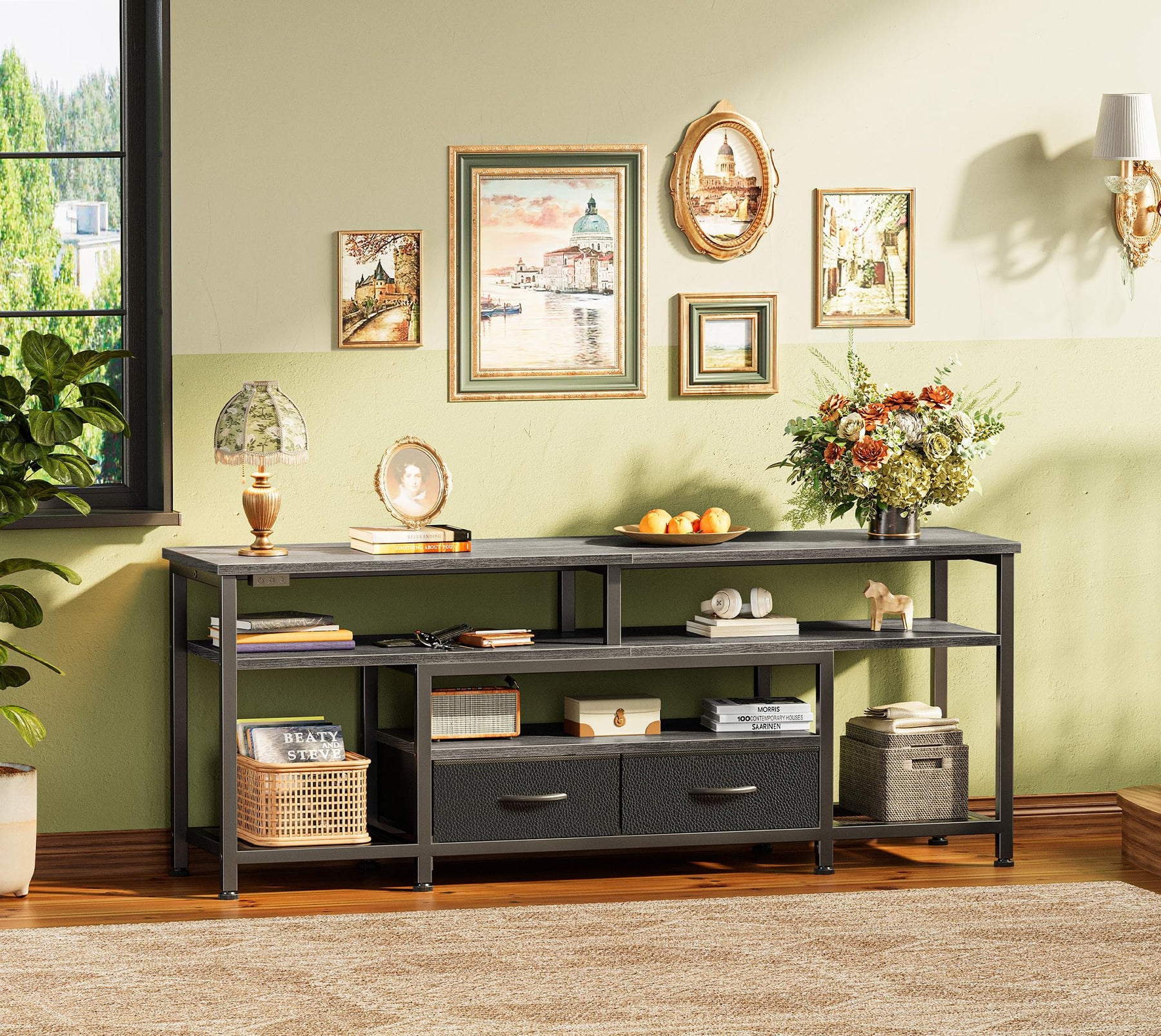 Huuger 63 Inch LED TV Stand for 65 70 Inch TV, Entertainment Center with Open Shelves and Power Outlets, TV Console for Living Room, Media Console with Drawers, Black