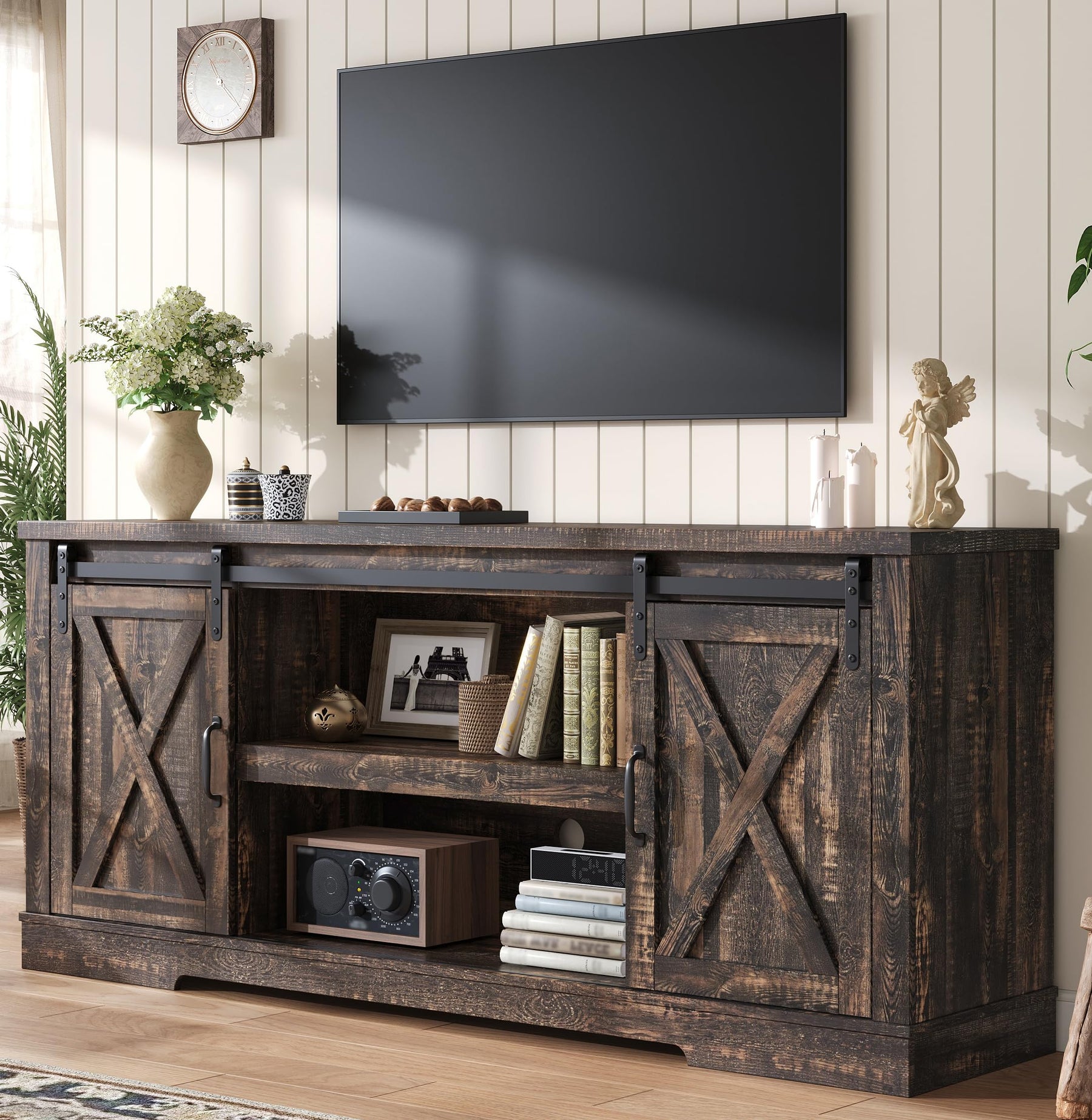 AMERLIFE 66" TV Stand for Living Room, Entertainment Center, Brown
