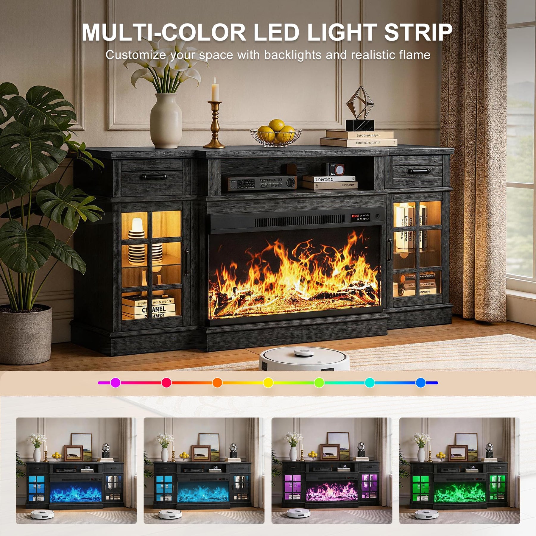 MXV 70" Fireplace TV Stand, 3-Sided Glass Fireplace and Modern Entertainment Center, Wooden Media Console with Glass Doors & Storage Drawers, LED Light, for Living Room, Antique White