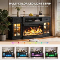 MXV 70" Fireplace TV Stand, 3-Sided Glass Fireplace and Modern Entertainment Center, Wooden Media Console with Glass Doors & Storage Drawers, LED Light, for Living Room, Antique White