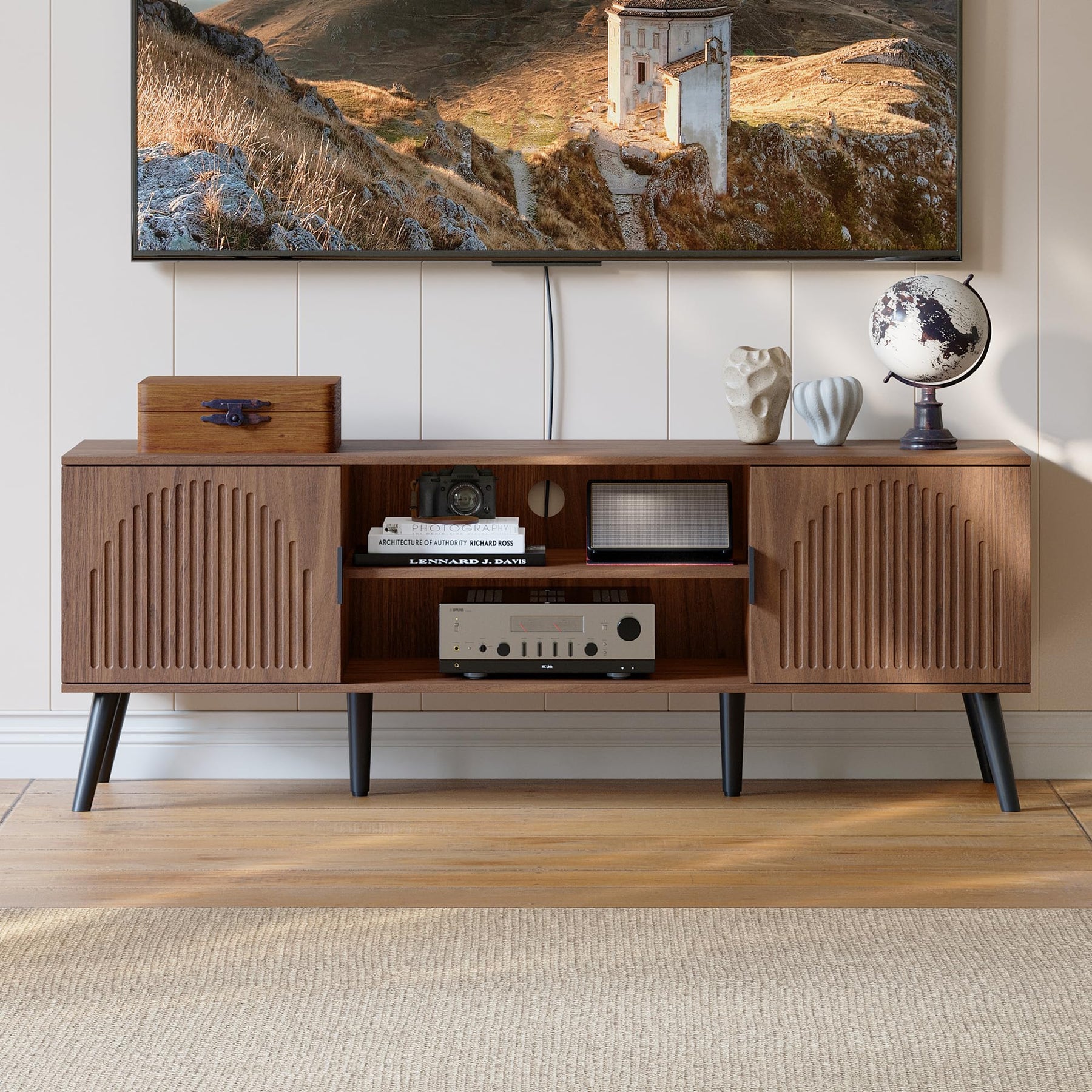 ChooChoo TV Stand with Open Shelves for 65 Inch TVs, Mid Century