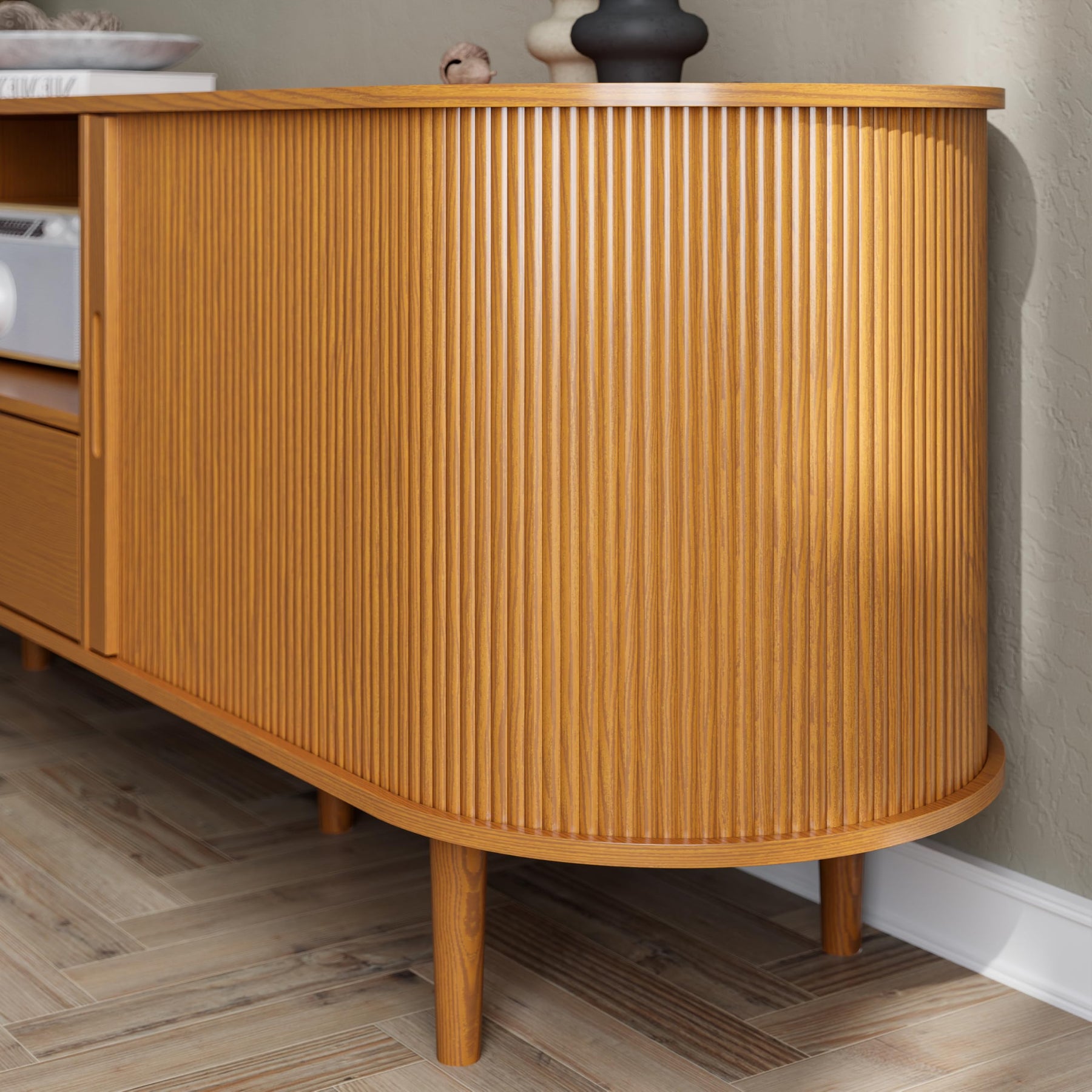 DHH 86.6" Fluted TV Stand with Power Outlet for TVs up to 90", TV Console with Adjustable Shelves and Sliding Door,Mid Century Modern Entertainment Center for Living Room,Bedroom (Walnut)