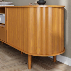 DHH 86.6" Fluted TV Stand with Power Outlet for TVs up to 90", TV Console with Adjustable Shelves and Sliding Door,Mid Century Modern Entertainment Center for Living Room,Bedroom (Walnut)