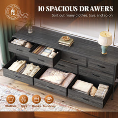 Huuger 63 Inch Dresser for Bedroom, Long Dresser with 10 Fabric Drawers, TV Stand for 55, 65, 70 Inch TV, Toy Storage Organizer for Closet, Rustic Brown