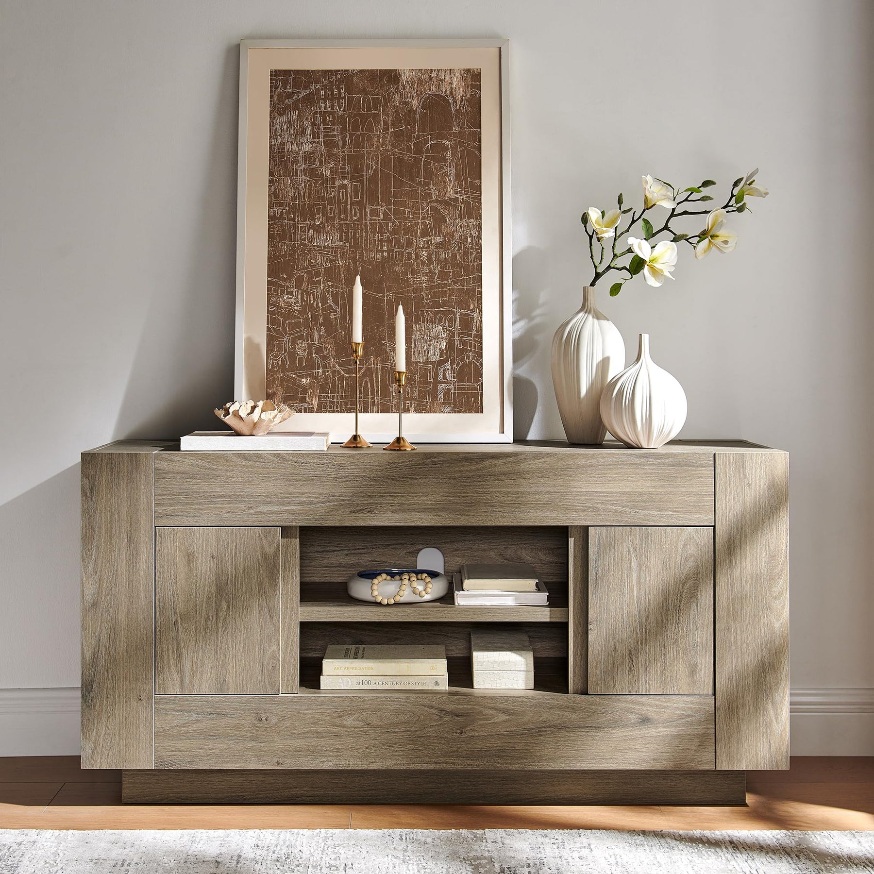 OKD 70" TV Stand for 80" TV, Thick Block Media Console, Antique White