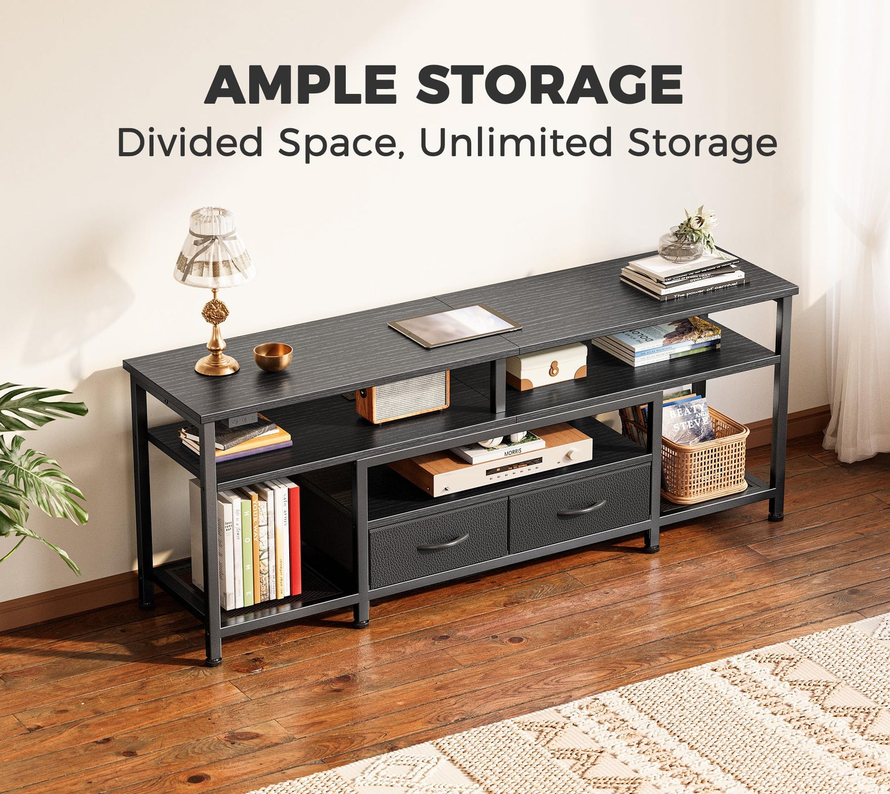 Huuger 63 Inch LED TV Stand for 65 70 Inch TV, Entertainment Center with Open Shelves and Power Outlets, TV Console for Living Room, Media Console with Drawers, Black