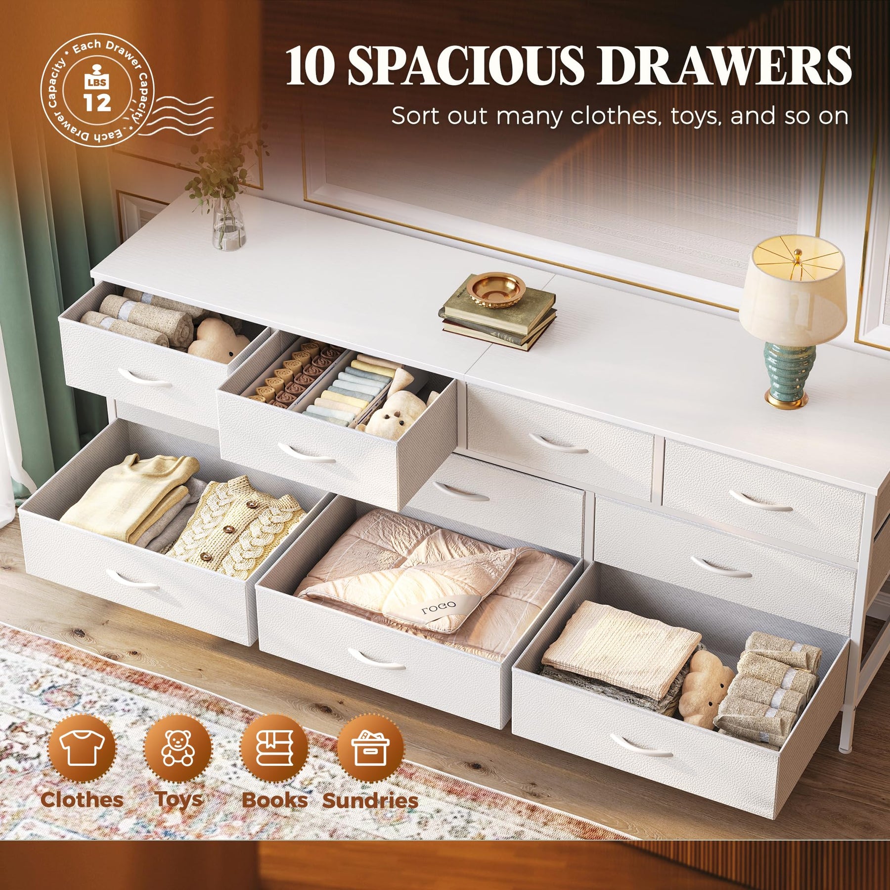 Huuger 63 Inch Dresser for Bedroom, Long Dresser with 10 Fabric Drawers, TV Stand for 55, 65, 70 Inch TV, Toy Storage Organizer for Closet, Rustic Brown