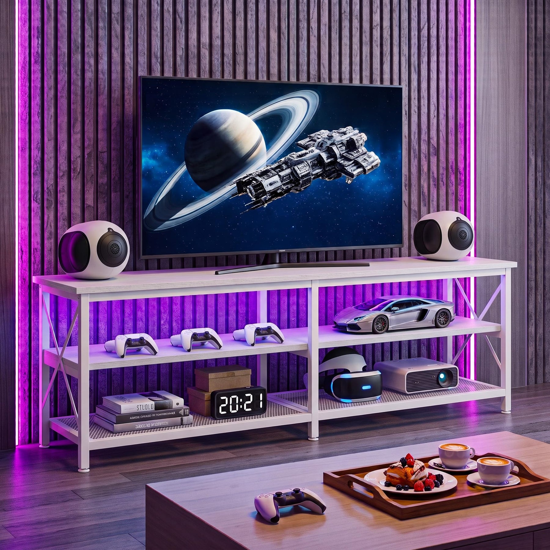 Clikuutory Modern 71 inch Metal TV Stand with LED Lights for 50 55 60 65 70 75 80 Inch TVs, 3 Tier Television Stands with Entertainment Center and Storage for Living Room, Bedroom, White
