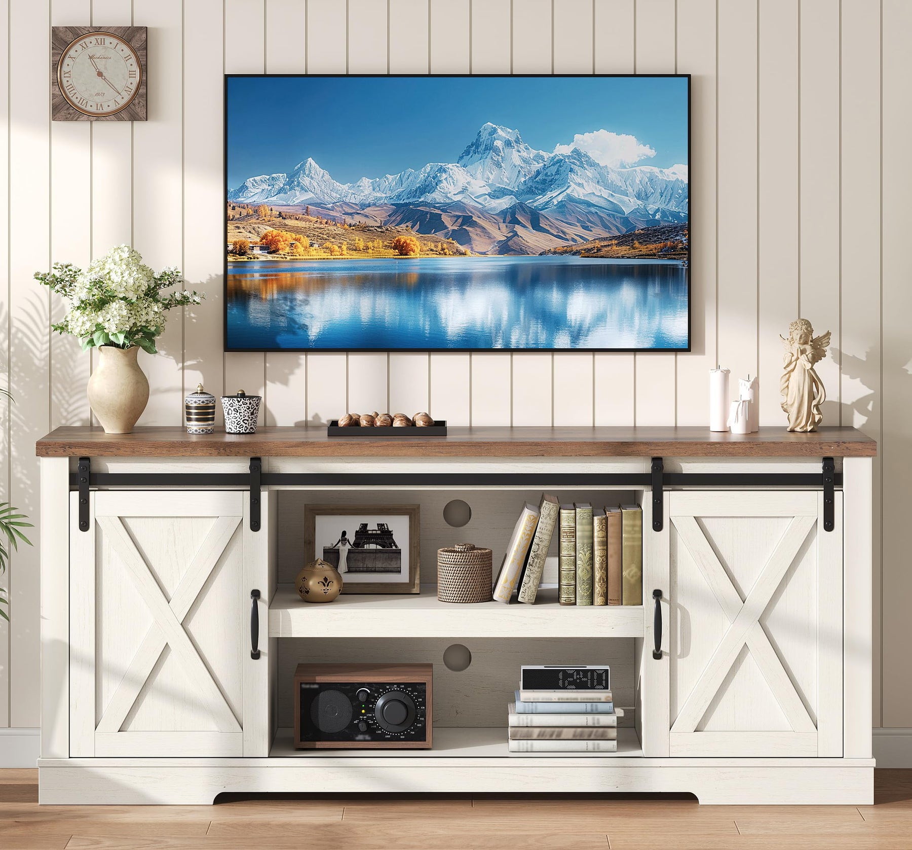 AMERLIFE 66" TV Stand for Living Room, Entertainment Center, Brown