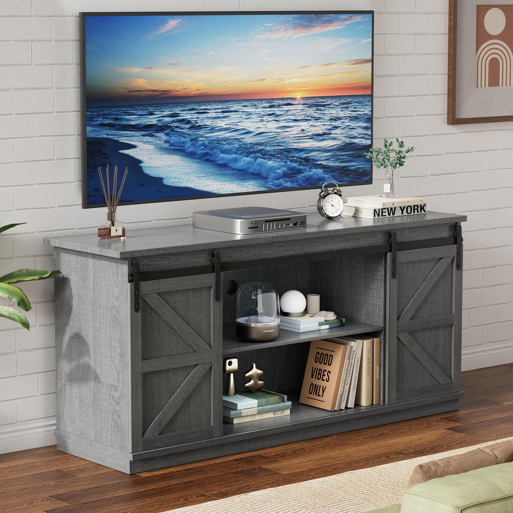 YESHOMY 58" Farmhouse TV Stand for TVs up to 65", Sliding Barn Doors, White