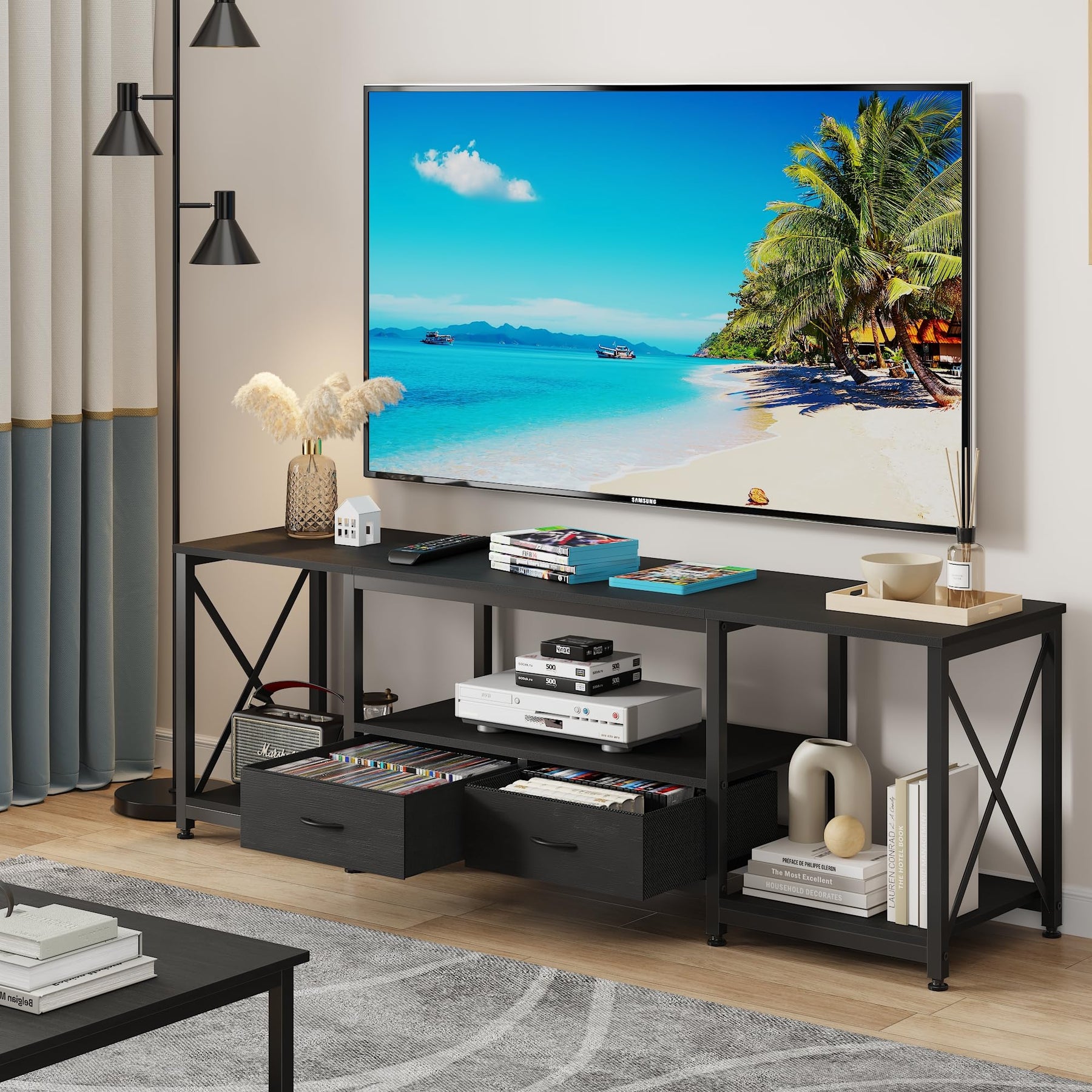 GYIIYUO TV Stand with Fabric Drawer - Entertainment Center and Industrial TV Console Table with Open Storage Shelves for Living Room, Bedroom - 55.1" Rustic Brown