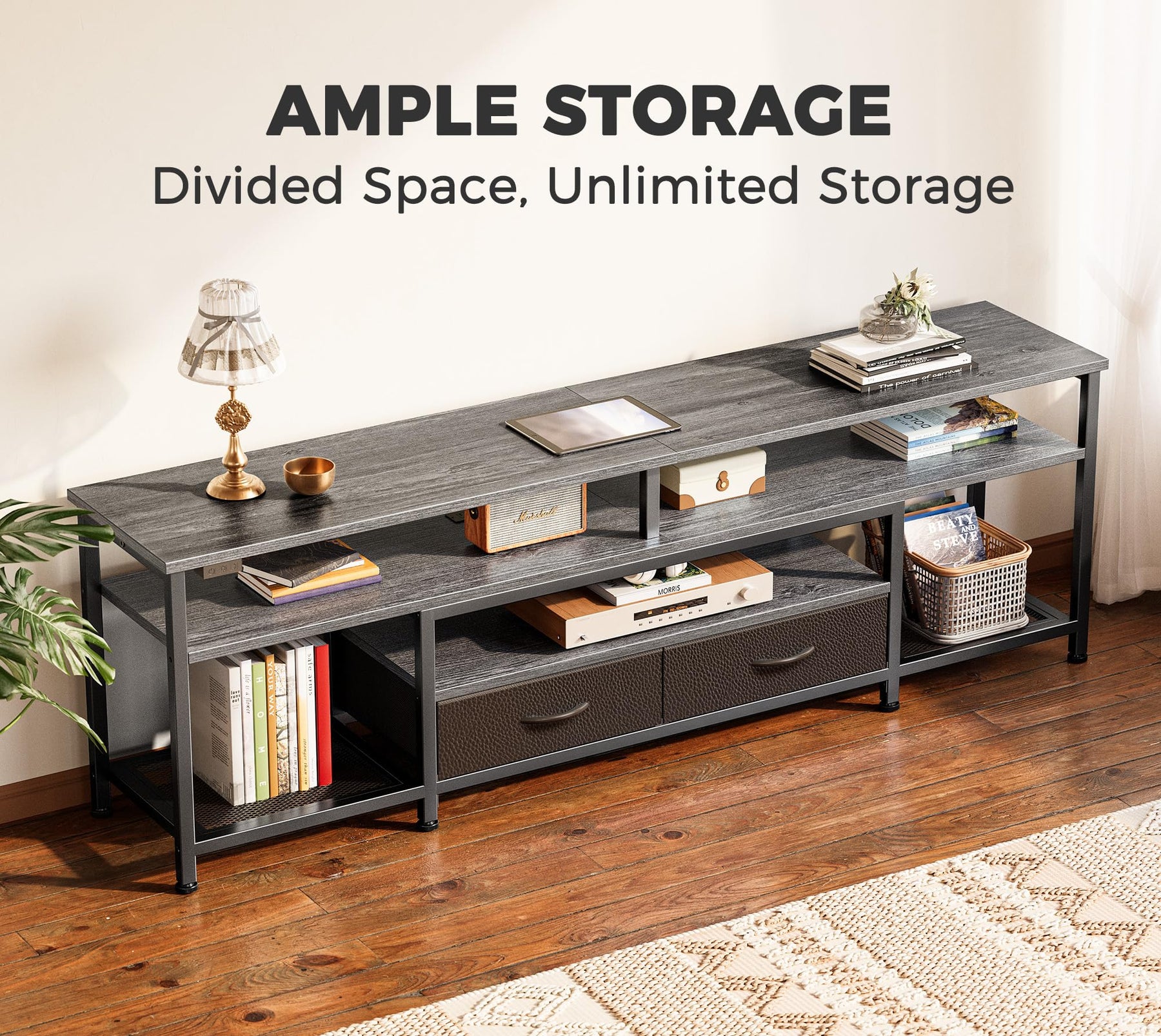 Huuger 63 Inch LED TV Stand for 65 70 Inch TV, Entertainment Center with Open Shelves and Power Outlets, TV Console for Living Room, Media Console with Drawers, Black