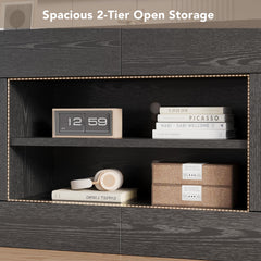 OneBlis Modern 70" TV Stand for TVs up to 80", Entertainment Center with 2 Drawers & 2 Side Cabinets, Media Console with 2-Tier Open Storage Shelves and Cable Management, Antique White & Walnut