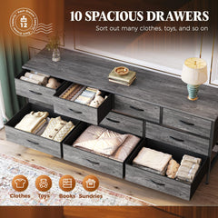 Huuger 63 Inch Dresser for Bedroom, Long Dresser with 10 Fabric Drawers, TV Stand for 55, 65, 70 Inch TV, Toy Storage Organizer for Closet, Rustic Brown