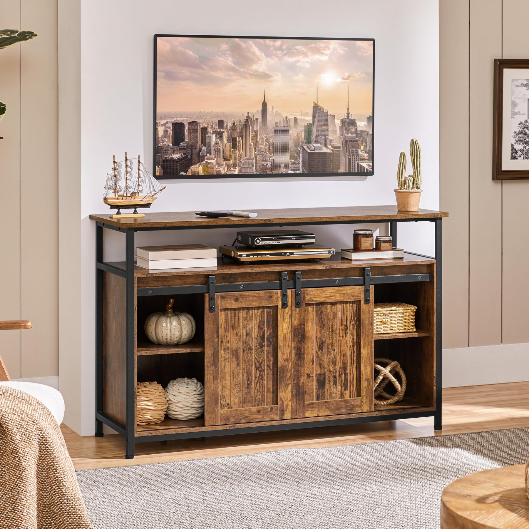 Yaheetech Farmhouse TV Stand for 55 Inch, Sliding Barn Door, Rustic Brown