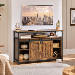 Yaheetech Farmhouse TV Stand for 55 Inch, Sliding Barn Door, Rustic Brown