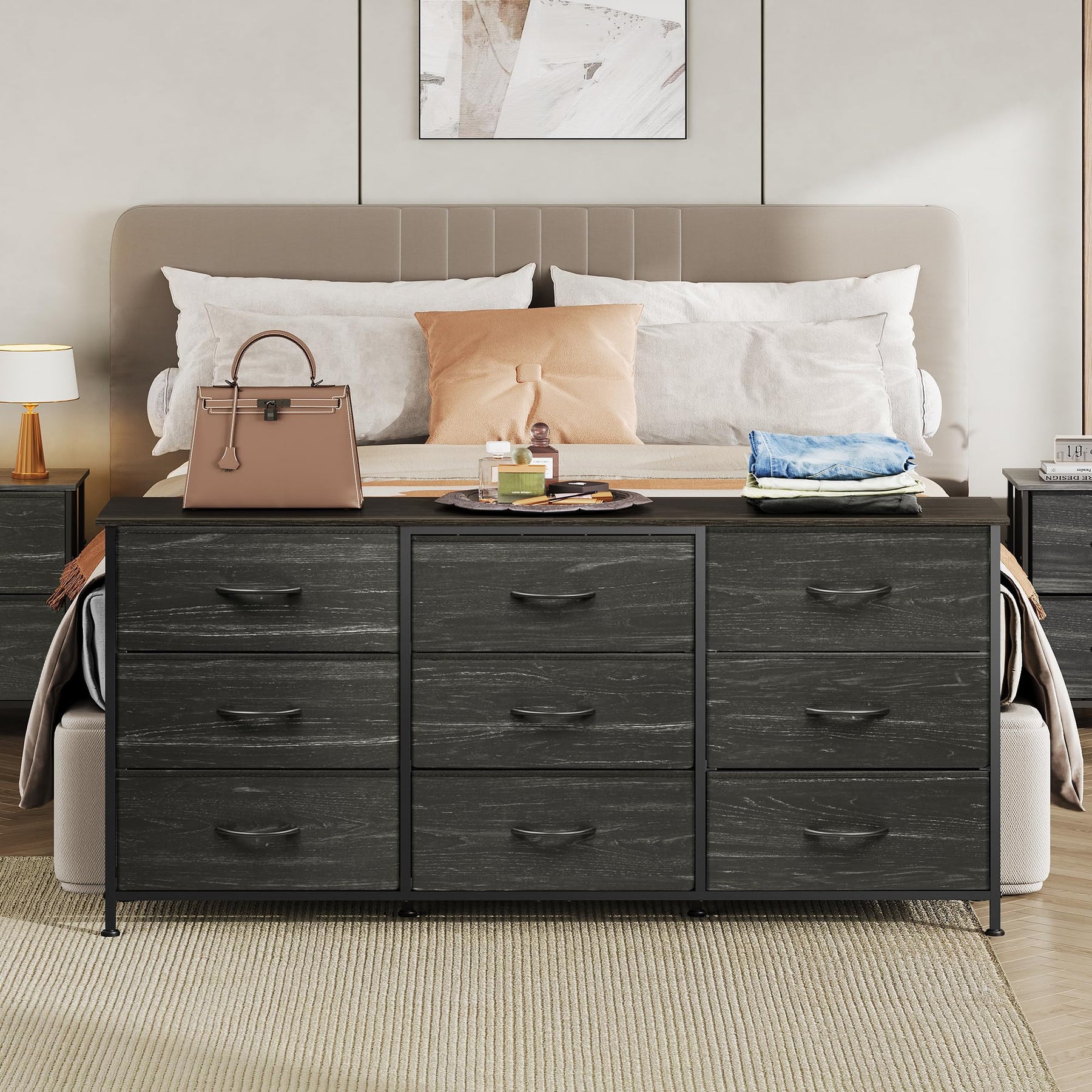 WLIVE Dresser TV Stand for 75 Inch TV, 9 Drawer Dresser for Bedroom, Black