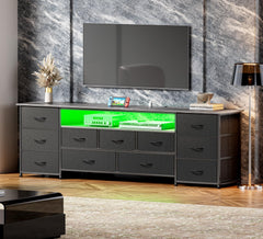 Huuger 63 Inch TV Stand for 65, 70 Inch TV, 11 Drawer Long Dresser with Power Outlets and LED Lights, Entertainment Center with Storage, Black Dresser with PU Leather Surface