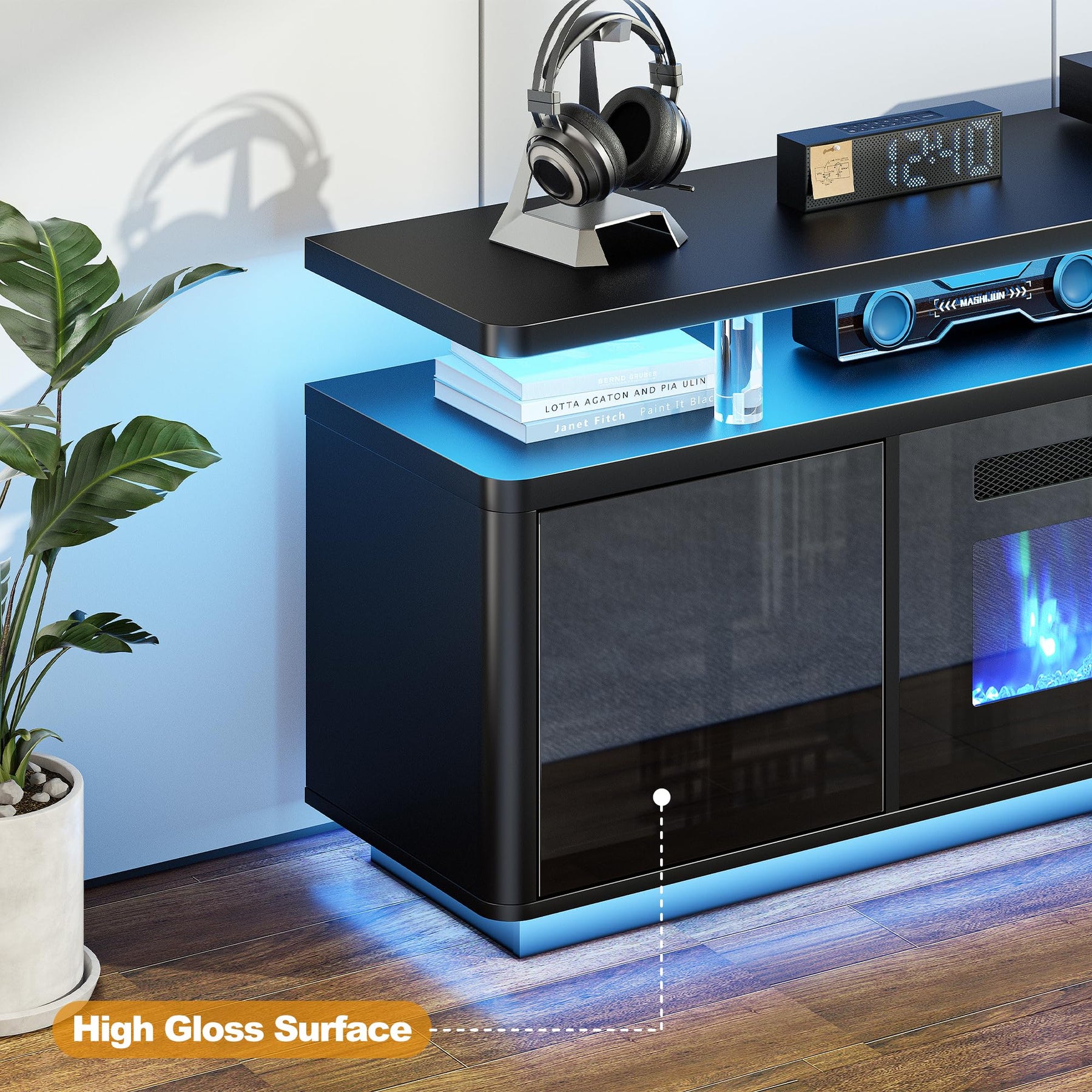 OneBlis 70" Fireplace TV Stand with Double LED Lights for TVs UP to 80", Electric Fireplace Entertainment Center with Storage Cabinets, TV Console for Living Room, Office, Black1