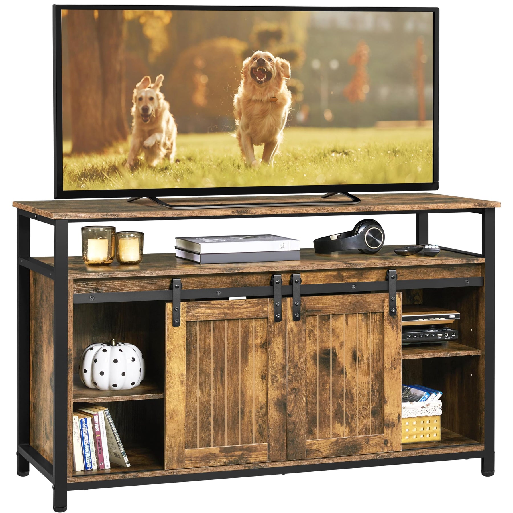Yaheetech Farmhouse TV Stand for 55 Inch, Sliding Barn Door, Rustic Brown