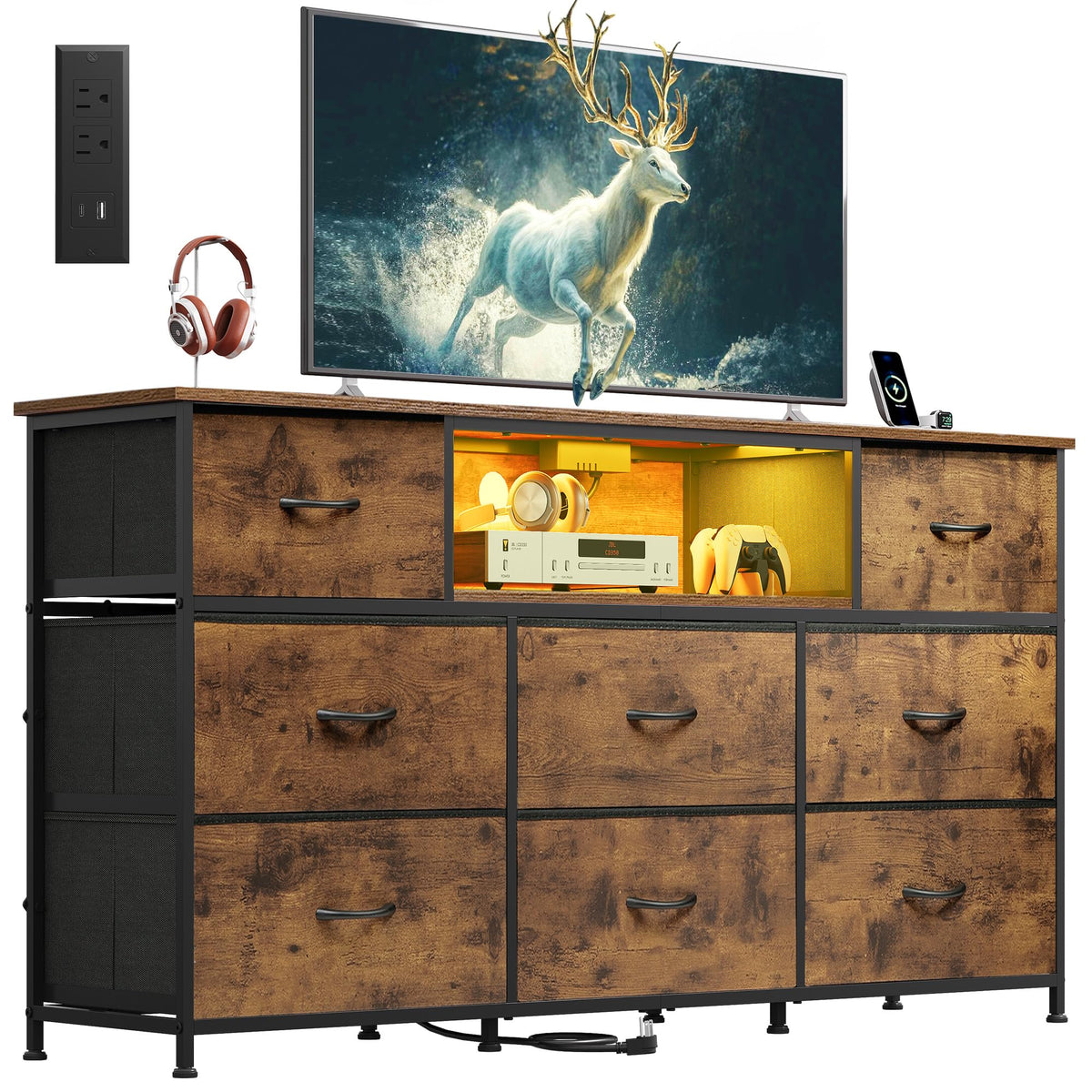 WLIVE LED Dresser TV Stand for 65 Inch TV, 8 Drawers, Rustic Brown